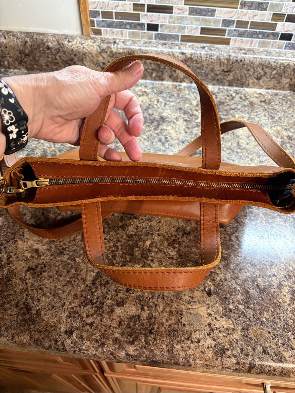 Portland Leather Cognac Brown Leather medium crossbody Tote with zipper - Picture 2 of 5